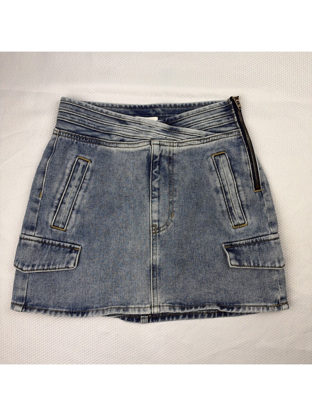 Pacsun denim skirt Size 24 VCross Front -Zipper Side EUC Distressed Punk Skater